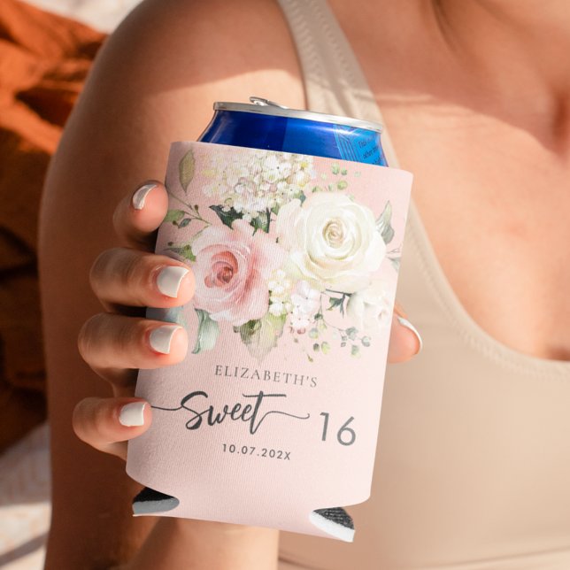 Pink Floral Sweet 16 Birthday Party Can Cooler (Pink Floral Script Sweet Sixteen Can Cooler)