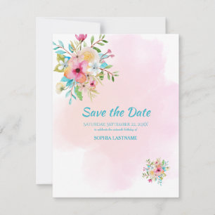 Pink Floral Sweet 16 Flat Save The Date Card