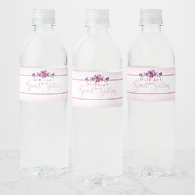 Pink Floral Sweet 16  Water Bottle Label (Bottles)
