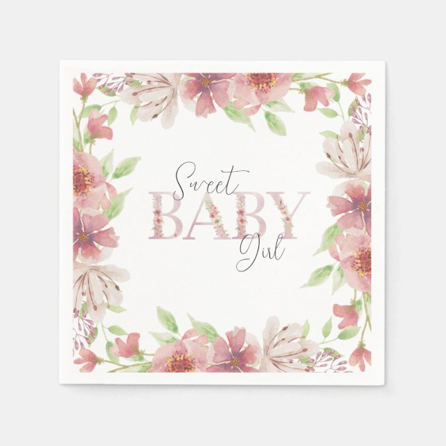 Pink Floral Sweet Baby Girl Paper Napkin (Front)