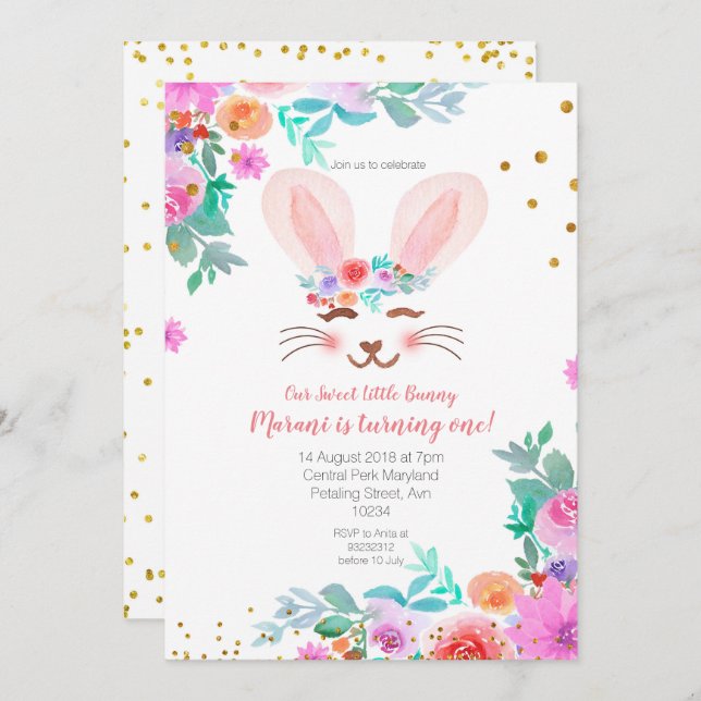 Pink Floral Sweet Bunny 1st Birthday Invitation (Front/Back)