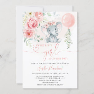 Pink Floral Sweet Little Girl Elephant Baby Shower Invitation