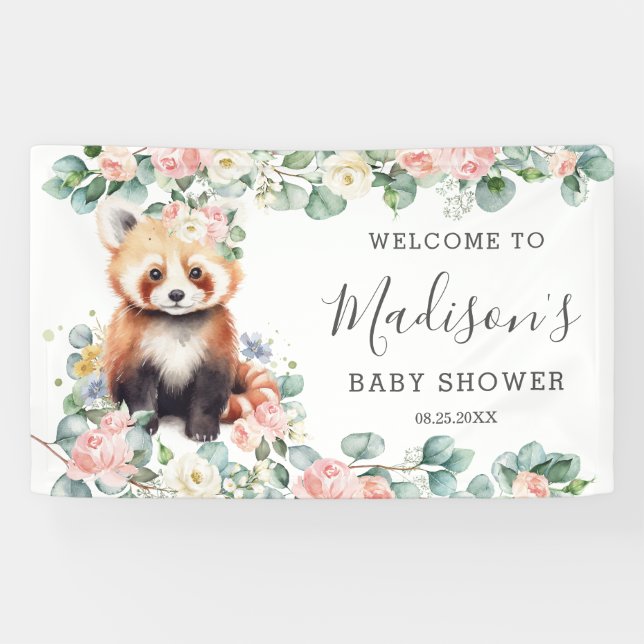 Pink Floral Sweet Red Panda Baby Shower Welcome Banner (Horizontal)