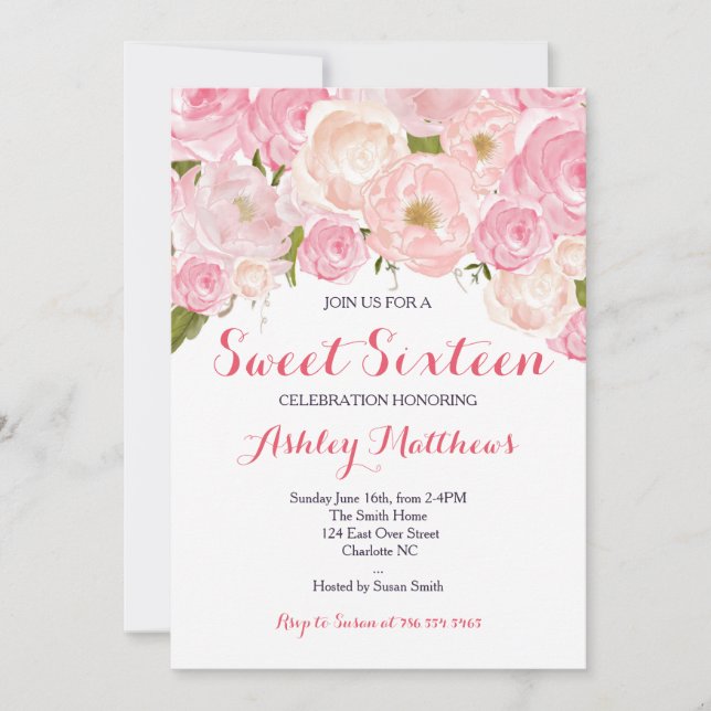 Pink Floral Sweet Sixteen Birthday Invitation (Front)