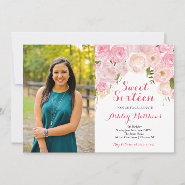 Pink Floral Sweet Sixteen Birthday Invitation (Front)