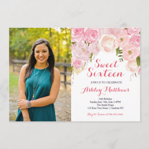 Pink Floral Sweet Sixteen Birthday Invitation