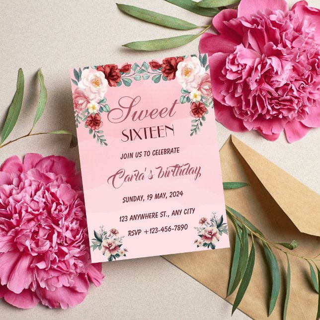 Pink Floral Sweet Sixteen Elegant Birthday Party I Invitation (Creator Uploaded)