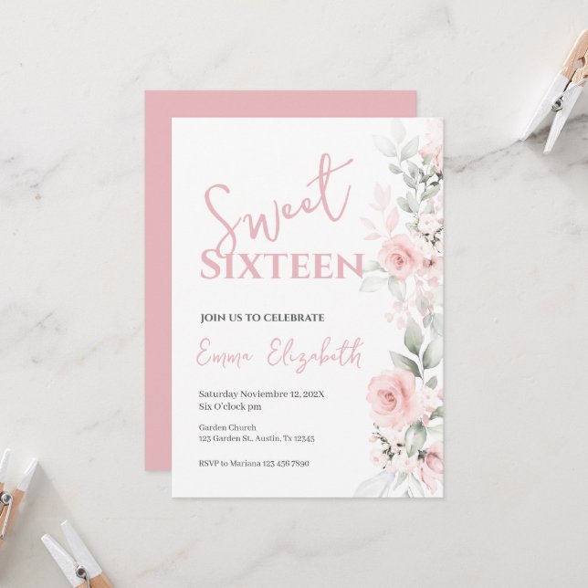 Pink Floral Sweet Sixteen Invitation (Front/Back In Situ)