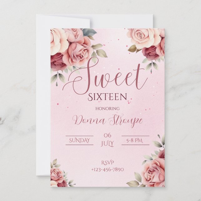 Pink Floral Sweet Sixteen Invitation (Front)