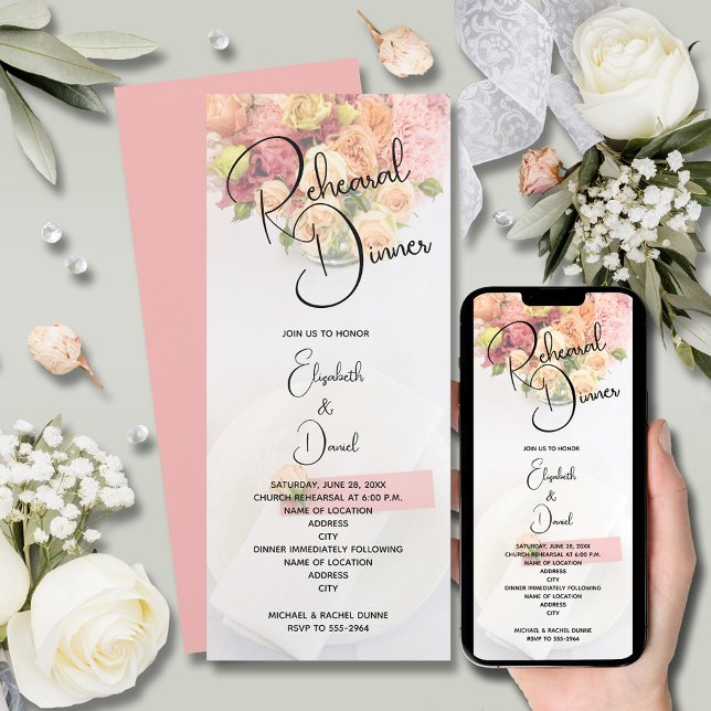 Pink Floral Table Setting Rehearsal Dinner Invitation (Pink Floral Table Setting Rehearsal Dinner Invitations)