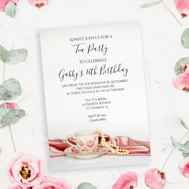 Pink Floral Tea Cup and Pearls Birthday Party Invitation (Creator Uploaded)