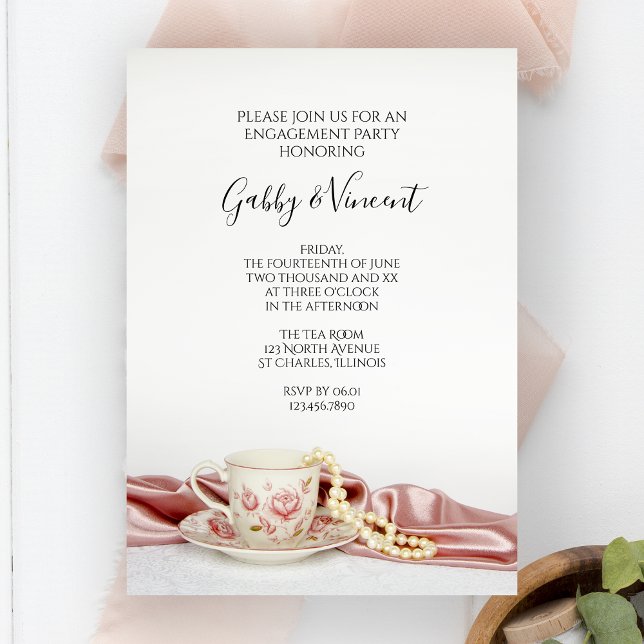 Pink Floral Tea Cup and Pearls Engagement Party Invitation (Creator Uploaded)