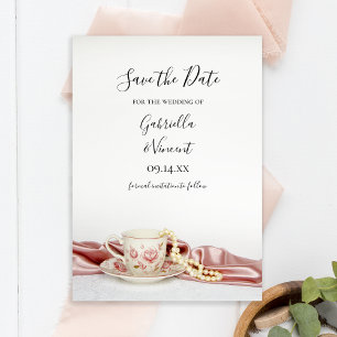 Pink Floral Tea Cup Pearls Wedding Save the Date