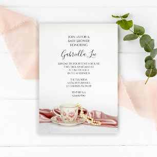 Pink Floral Tea Cup with Pearls Baby Shower Invitation