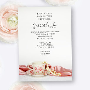 Pink Floral Tea Cup with Pearls Baby Shower Invitation