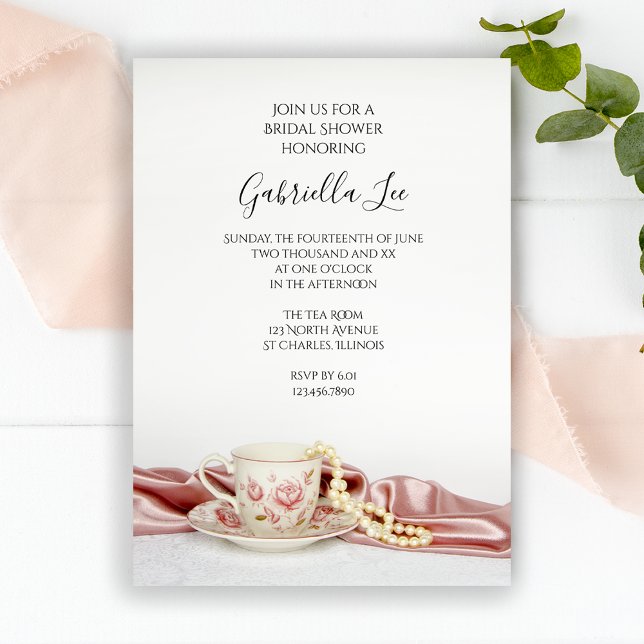 Pink Floral Tea Cup with Pearls Bridal Shower Invitation (Creator Uploaded)
