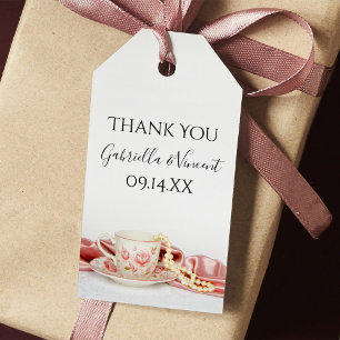 Pink Floral Tea Cup with Pearls Wedding Favour Tag