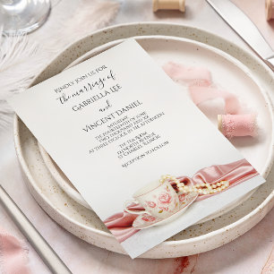Pink Floral Tea Cup with Pearls Wedding Invitation