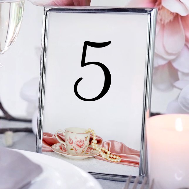 Pink Floral Tea Cup with Pearls Wedding Table Number (Creator Uploaded)
