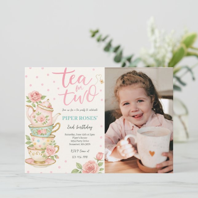 Pink Floral Tea For Two Birthday Photo Invitation (Standing Front)