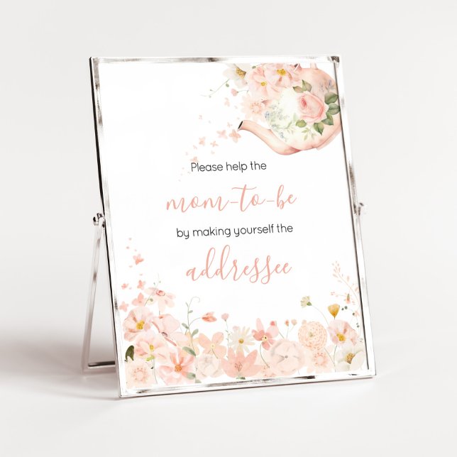 Pink Floral Tea for Two Envelope Station Poster (Pink Floral Tea for Two Baby Shower Envelope Station Sign)