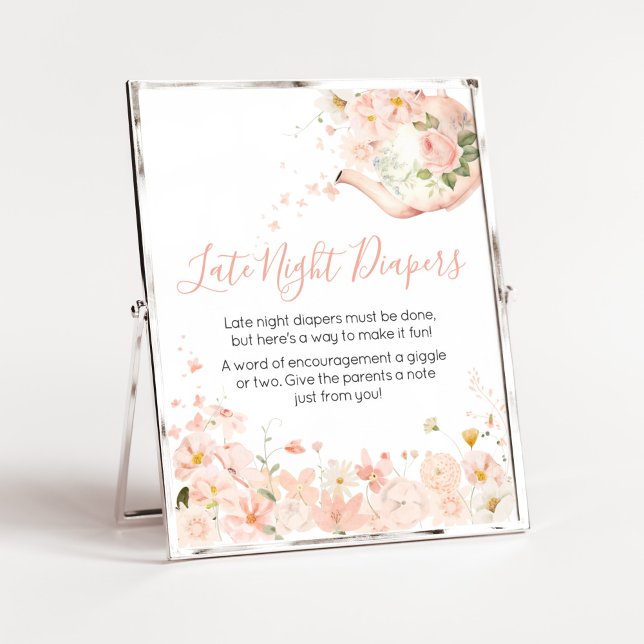 Pink Floral Tea for Two Late Night Diapers Poster (Pink Floral Tea for Two Baby Shower Late Night Diapers Sign)