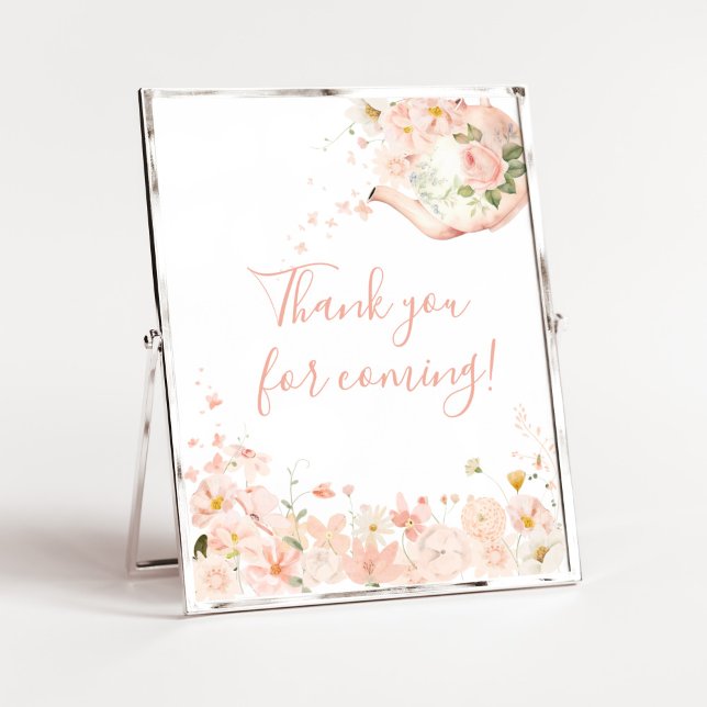 Pink Floral Tea for Two Thank you for Coming Poster (Pink Floral Tea for Two Baby Shower Thank you for Coming Sign)