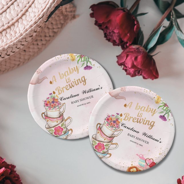 Pink Floral tea party Baby is Brewing baby shower Paper Plate (Creator Uploaded)