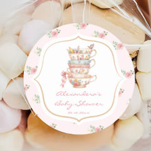 Pink Floral Tea Party Baby Shower Classic Round Sticker