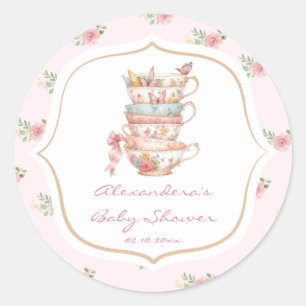 Pink Floral Tea Party Baby Shower Classic Round Sticker