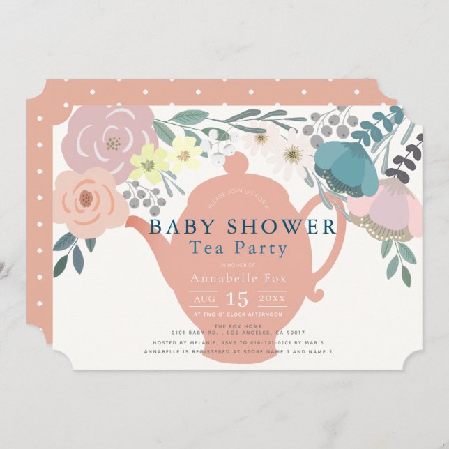 Pink Floral Tea Party Baby Shower Invitation (Front/Back)