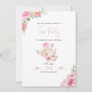 Pink Floral Tea Party Birthday Invitation