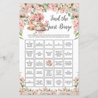 Pink Floral Tea Party Bridal Find the Guest Bingo