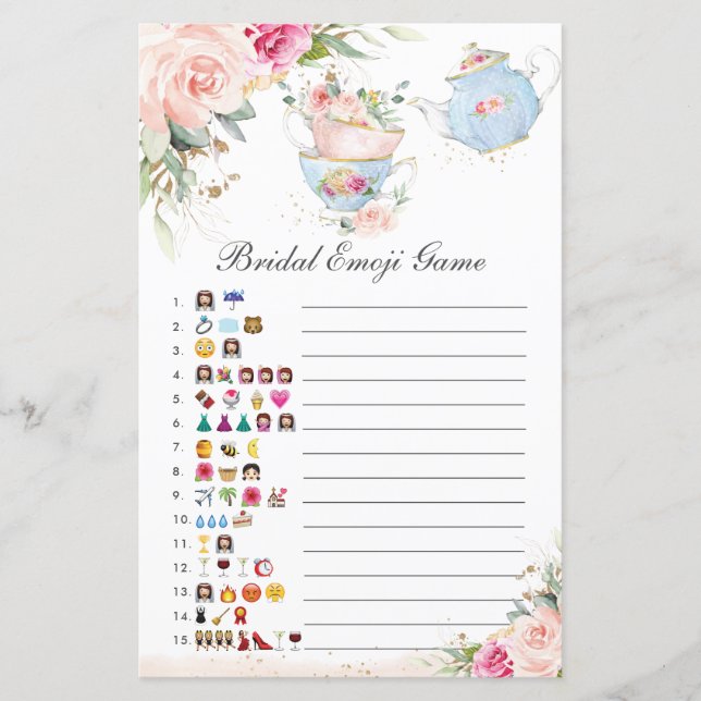 Pink Floral Tea Party Bridal Shower Picture Game (Front)