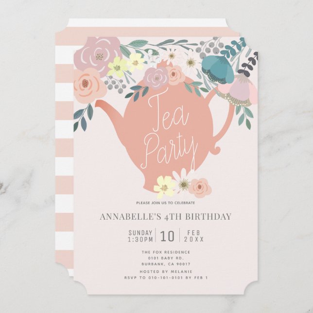 Pink Floral Tea Party Girl Birthday Invitation (Front/Back)