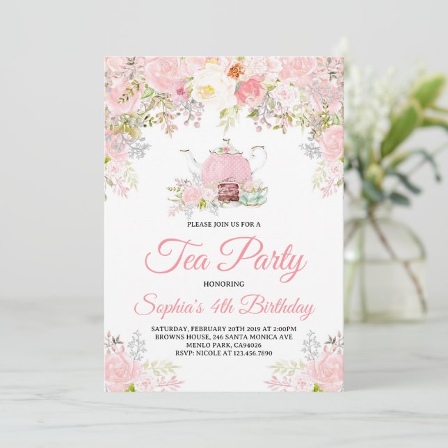 Pink Floral Tea Party Girls Birthday  Invitation (Standing Front)
