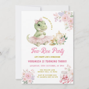 Pink Floral Tea-Rex Dinosaur 3rd Birthday Invitation
