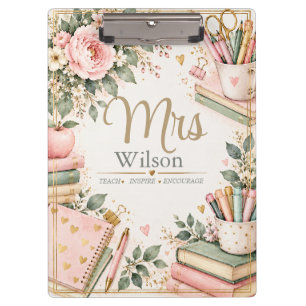 Pink Floral Teacher Monogram Clipboard