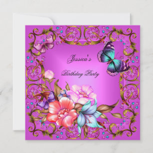 Pink Floral Teal Blue Butterfly Birthday Party Invitation