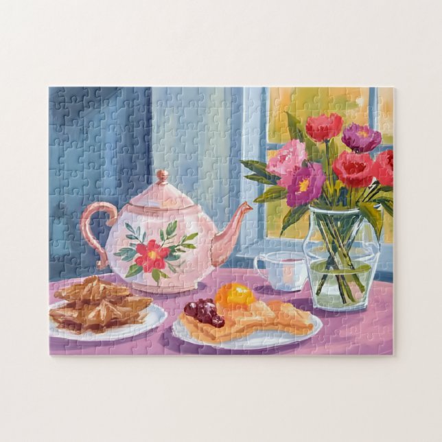 Pink Floral Teapot & Desserts Jigsaw Puzzle (Horizontal)