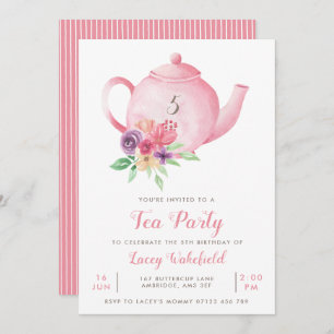 Pink Floral Teapot Girl's Birthday Tea Party Invit Invitation