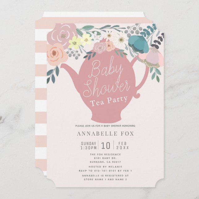 Pink Floral Teapot Tea Party Baby Shower Invitation (Front/Back)