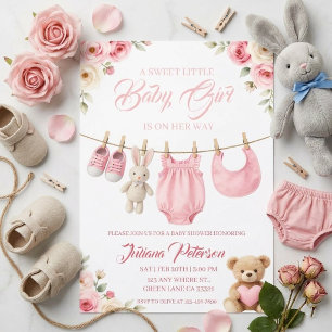 Pink Floral Teddy Bear Baby Girl Shower Invitation
