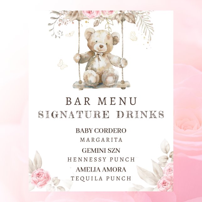 Pink Floral Teddy Bear Baby Shower Bar Menu Poster (Creator Uploaded)