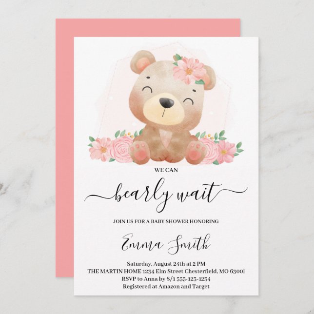 Pink Floral Teddy Bear Baby Shower Invitation (Front/Back)