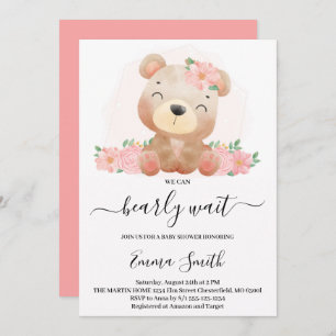 Pink Floral Teddy Bear Baby Shower Invitation