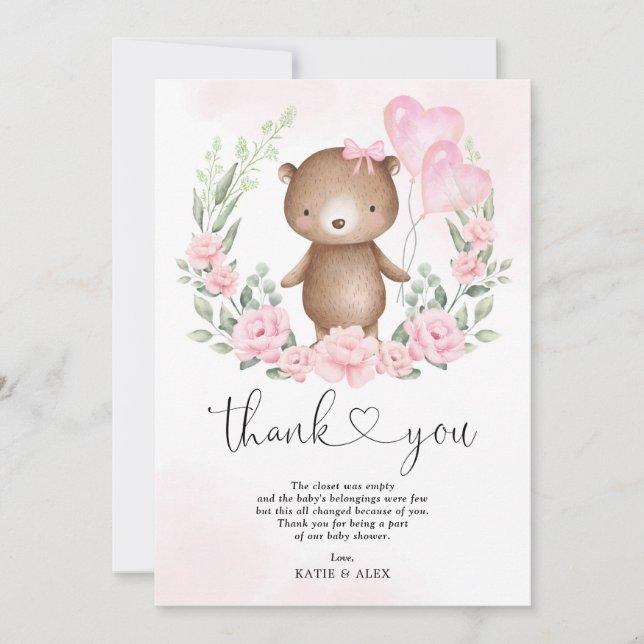 Pink Floral Teddy Bear Balloons Baby Girl Shower Thank You Card (Front)