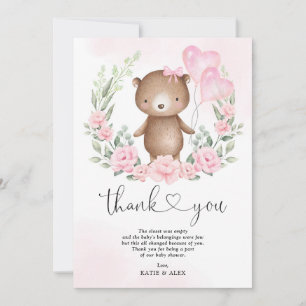 Pink Floral Teddy Bear Balloons Baby Girl Shower Thank You Card