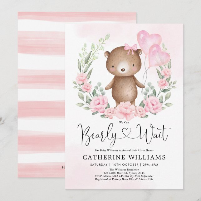 Pink Floral Teddy Bear Balloons Girl Baby Shower Invitation (Front/Back)