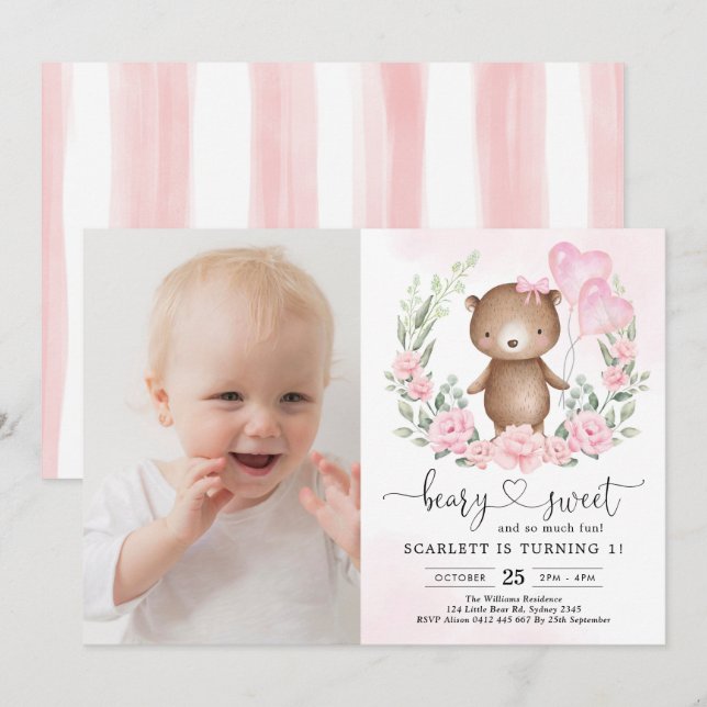 Pink Floral Teddy Bear Girl 1st Birthday Party Invitation (Front/Back)
